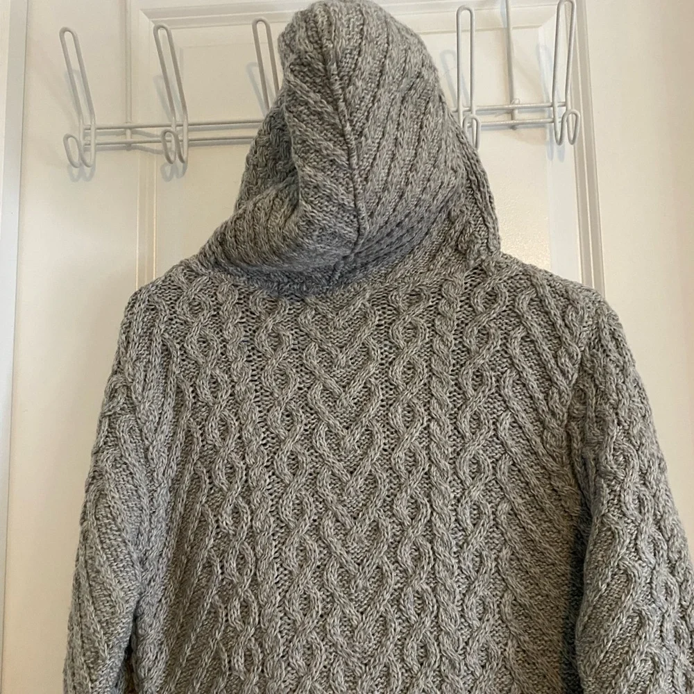 Aran Mor Made in Ireland Merino Wool Cable Knit Hooded Long Cardigan - Picture 13 of 14